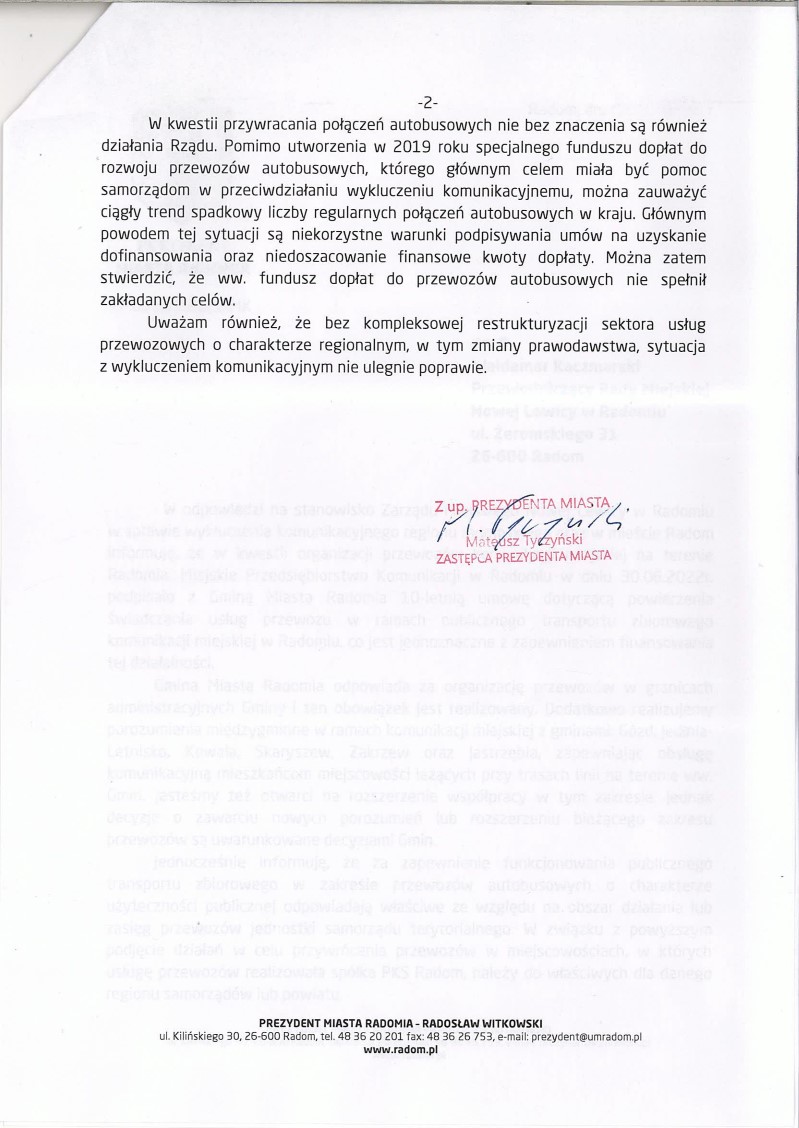 Odpowiedź na pismo Lewicy w sprawie upadku PKS u i wykluczenia komunikacyjnego 1 2
